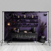 Aperturee Aperturee Gothic Halloween Photography Backdrop Purple Wall with Skulls and Black Pumpkins Spooky Witch Lair Photo Prop